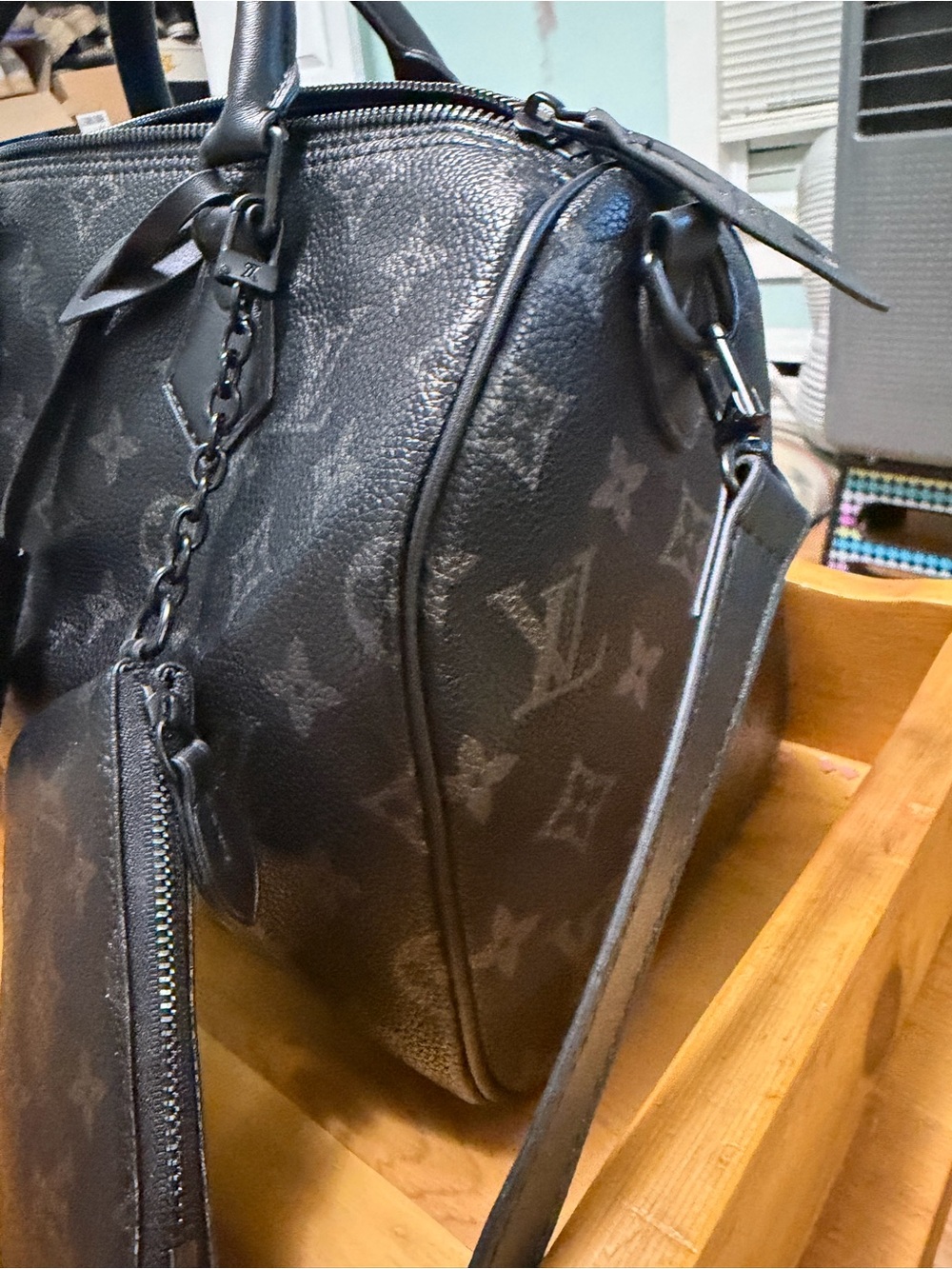 Designer-Inspired Black Monogram Leather Satchel with Removable Pouch - Picture 3 of 7